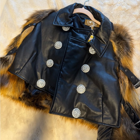 Bada$$ Vintage Black Faux Leather Cape Jacket with Faux Fur Trim NWT - Picture 1 of 7